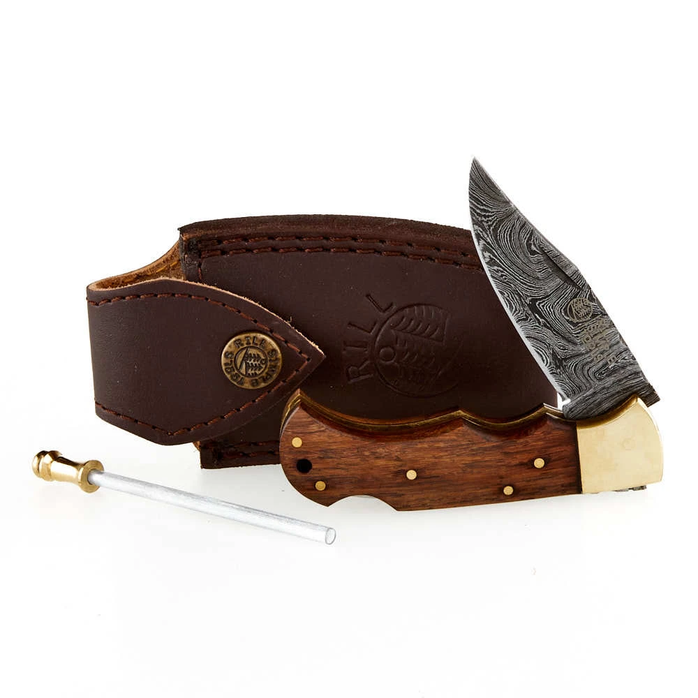 RILL SIMPLE TOOLS Rill Woody Damascus Folding Skinner W/sheath 017